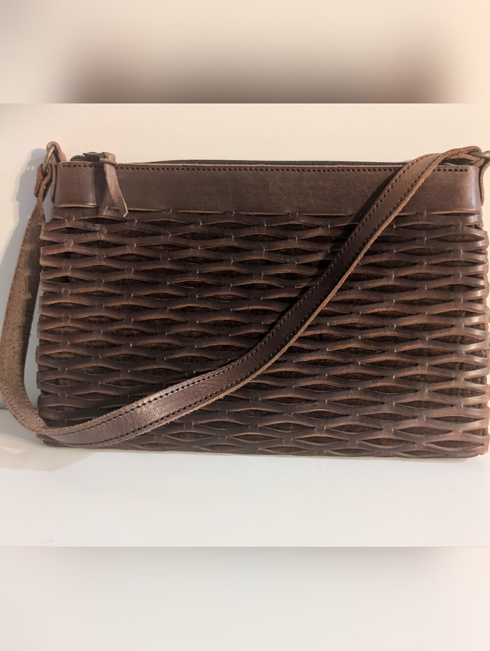 Vintage Quality Woven Real Leather Slim Shoulder Bag Brown Boho Chic Handbag